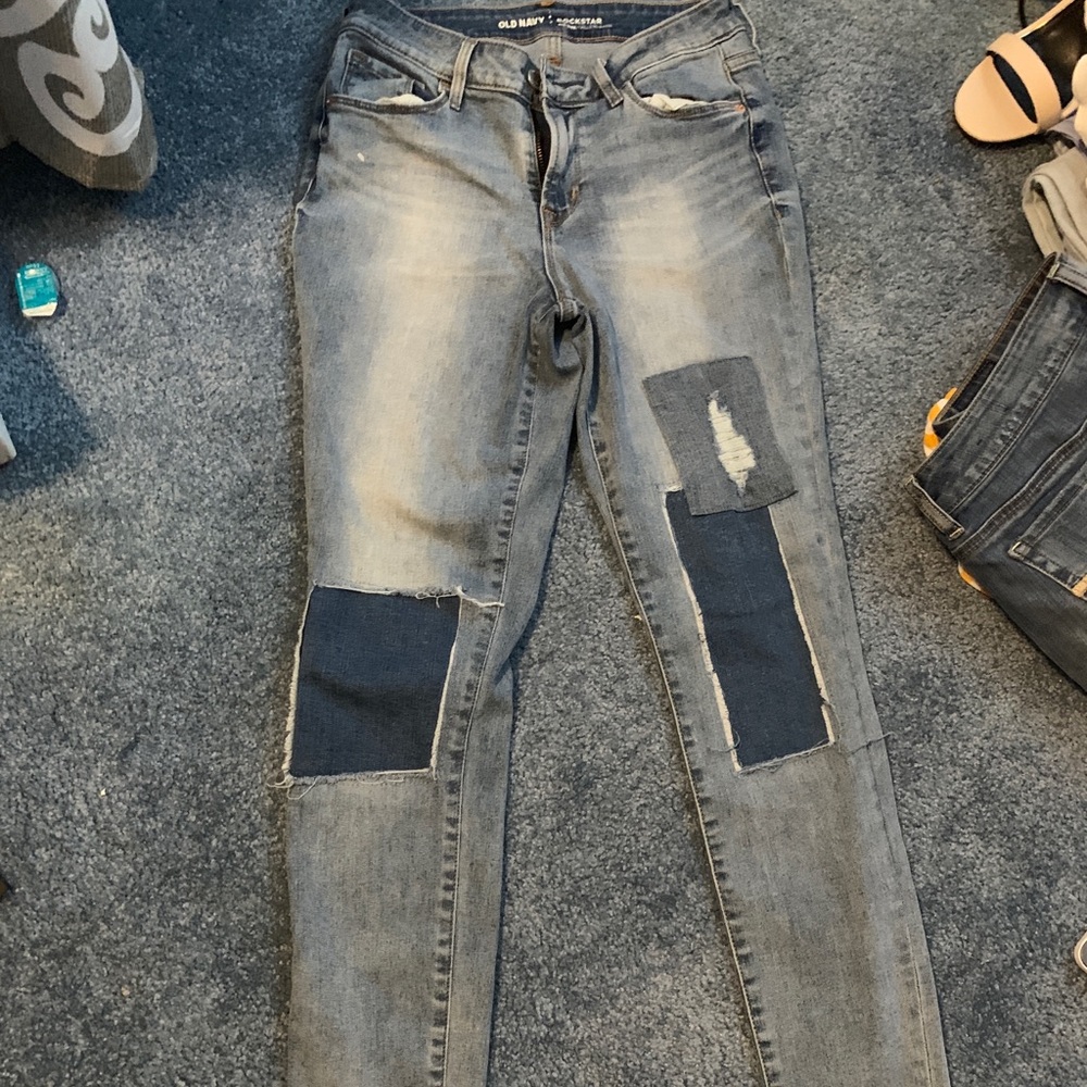 mid-rise patchwork skinny jeans